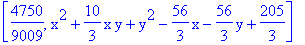 [4750/9009, x^2+10/3*x*y+y^2-56/3*x-56/3*y+205/3]